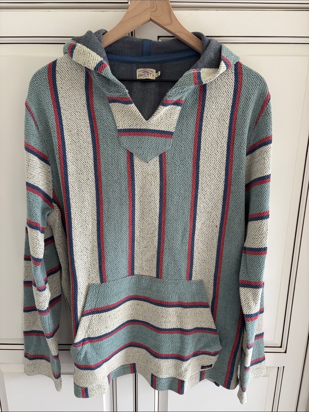 Faherty Baja Poncho Hoodie Pullover Sweatshirt Stretch Blue Red Striped Mens M
